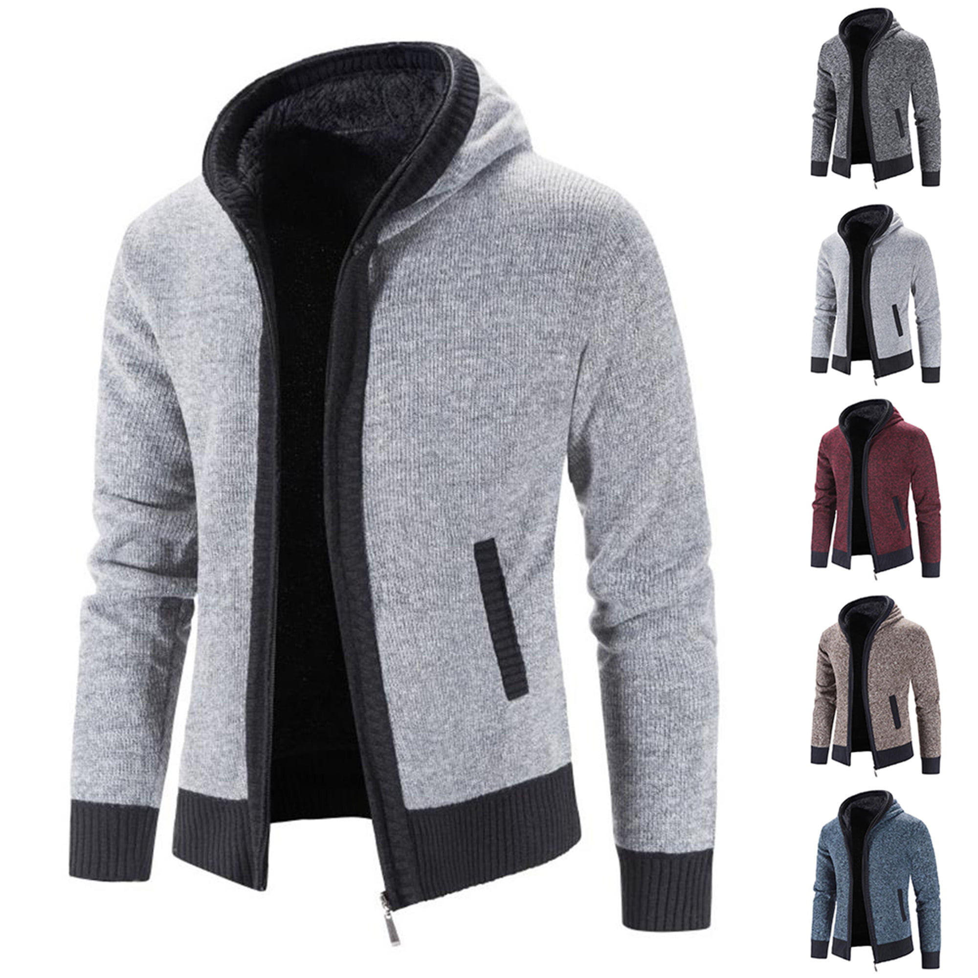 Winter All-Match Casual Men's Jacket Plus Fluff Liner Hooded Cardigan Sweater 