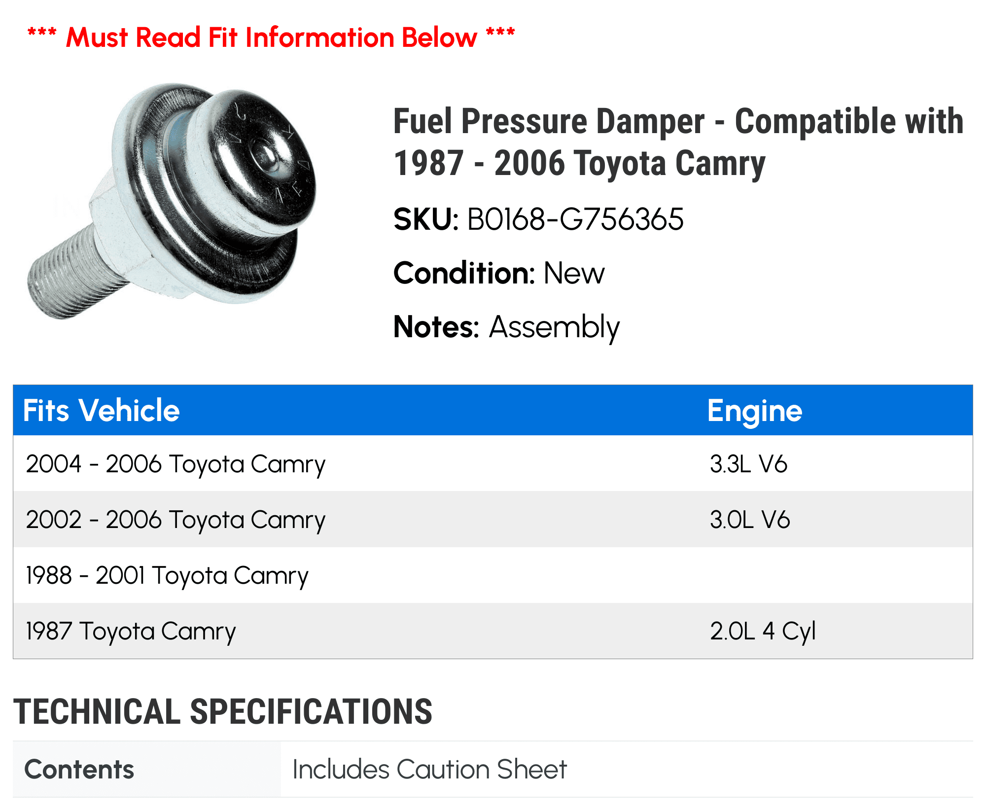 Fuel Pressure Damper - Compatible with 1987 - 2006 Toyota Camry