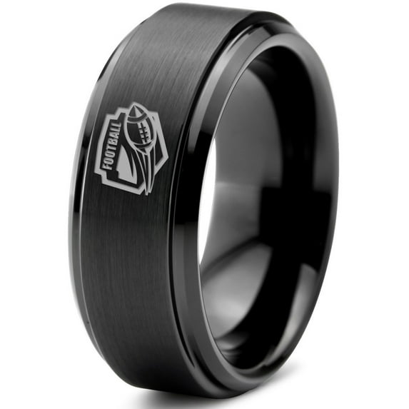 Tungsten Football Players Band Ring 8mm Men Women Comfort Fit Black Step Bevel Edge Brushed Polished