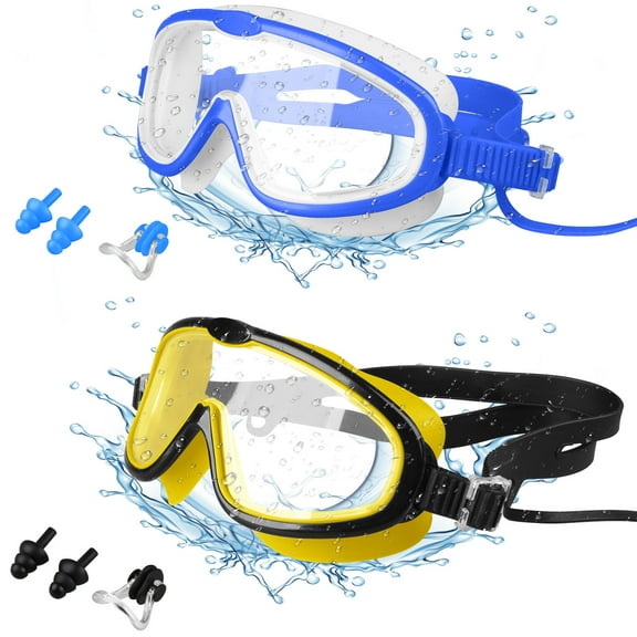 ABCPOW Swim Goggles 2Pack Full Protection Swim Pool Goggles with 2 Sets Nose Clip & Earplugs Anti-Fog No Leaking Anti-UV Wide View Silicone Swimming Goggles for Kids 3-15 Goggles Swimming,Yellow Blue