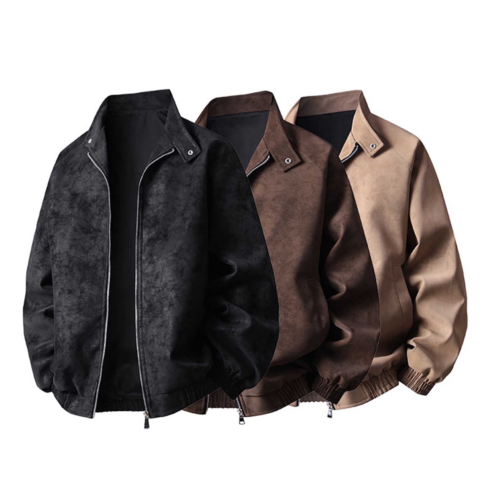 Kakii Men's Suede Bomber Jacket Oversized Retro Streetwear Zip Up Faux Leather Coat with Turn Down Collar