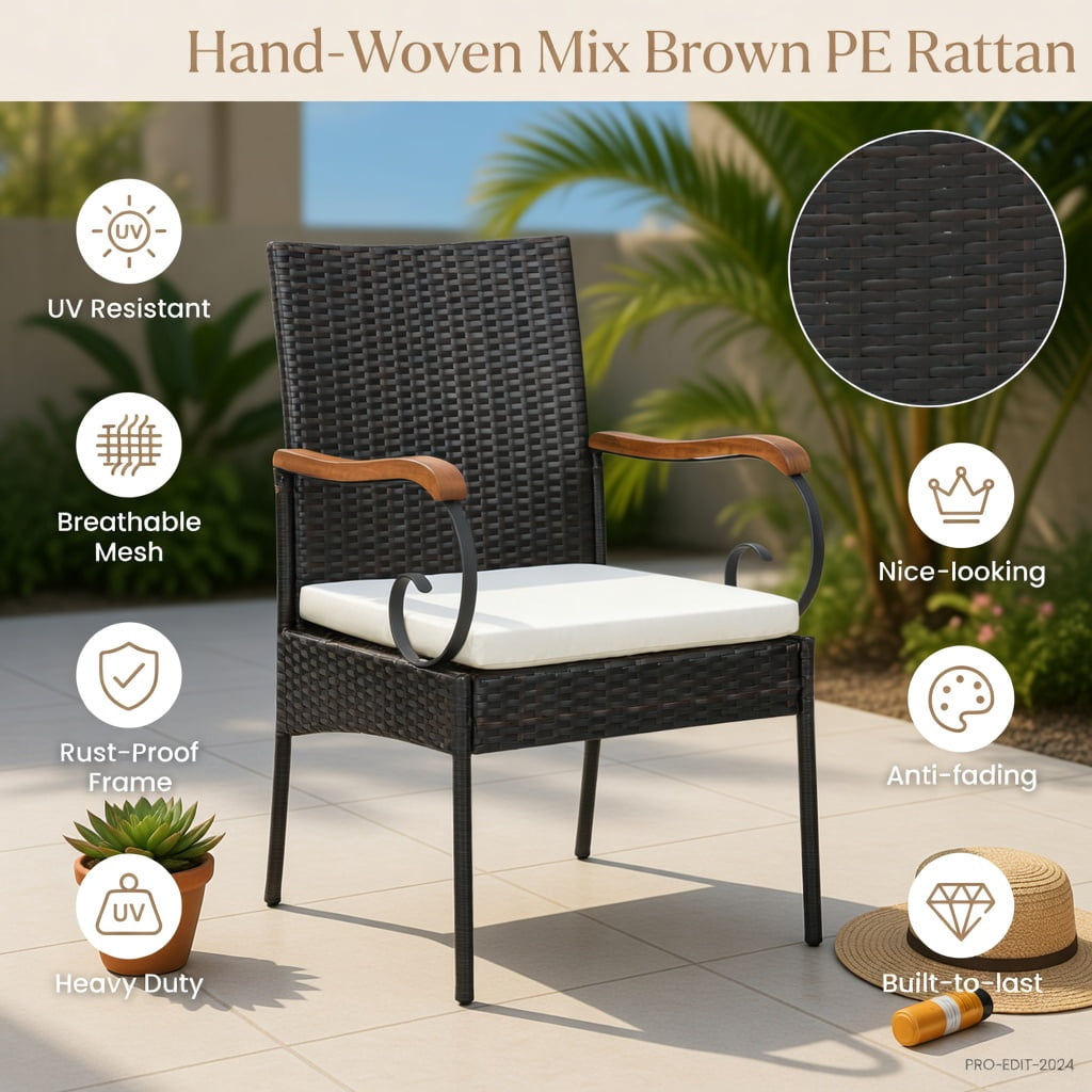 Hommoo 2-Piece Outdoor PE Wicker Dining Chairs with Acacia Wood Armrests, Weather-Resistant Patio Seating Set, Off-White Cushions, Sturdy X-Frame Design, Brown