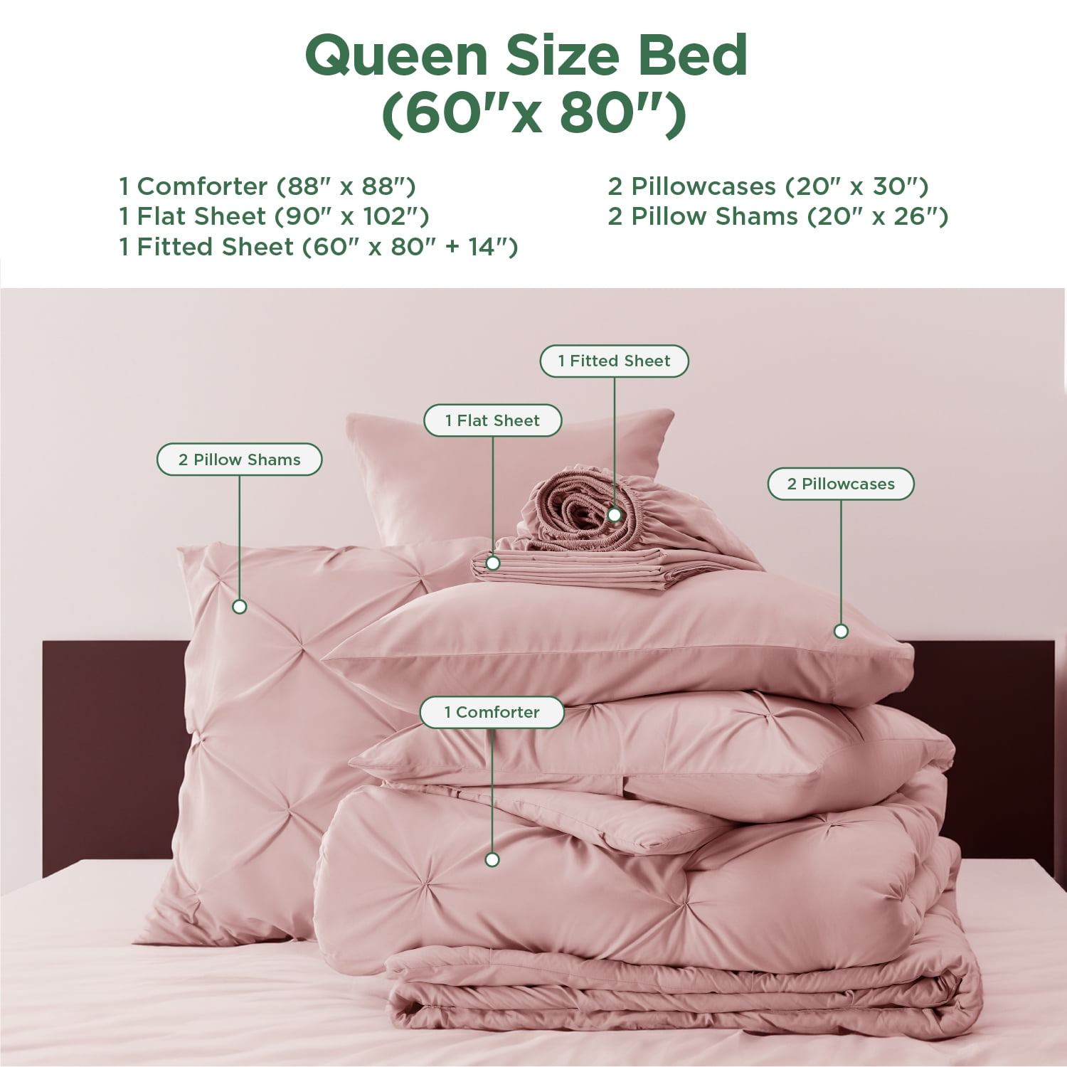 Cozy Comfort Pink Comforter Set Queen - Bed in a Bag Queen 7 Pieces, Pintuck Bedding Sets Pink Bed Set with Comforter, Sheets, Pillowcases & Shams