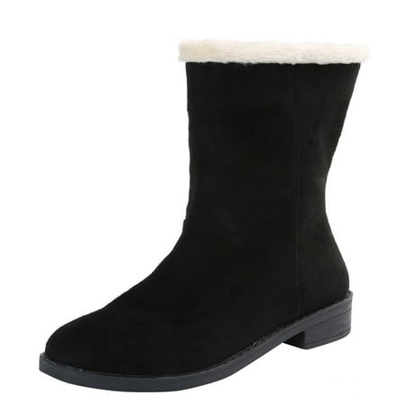 

jsaierl Women s Flock Solid Plus Velvet Round Toe Plus Velvet Up Middle Tube Flat Boots Shoes