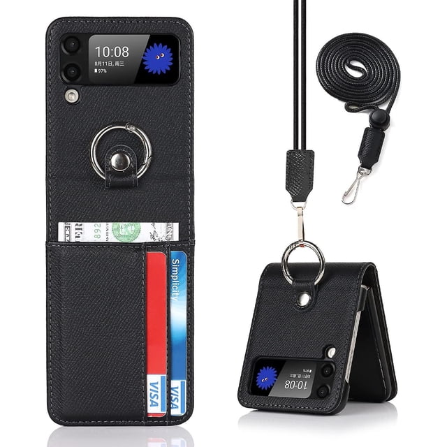 Ultra Slim Leather Wallet Case Compatible With Samsung Galaxy Z Flip 3 With Card Slots Lanyard