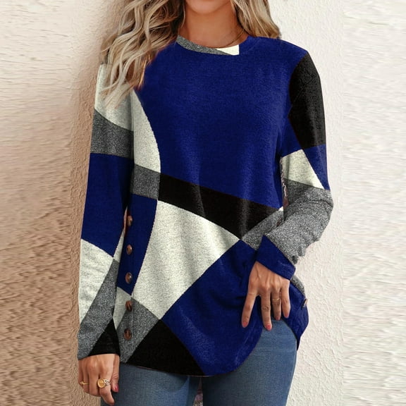 Tejiojio Summer Saving Labor Day Women Fashion Casual Buttons Geometric Contrast Color Long Sleeve Round-Neck Top