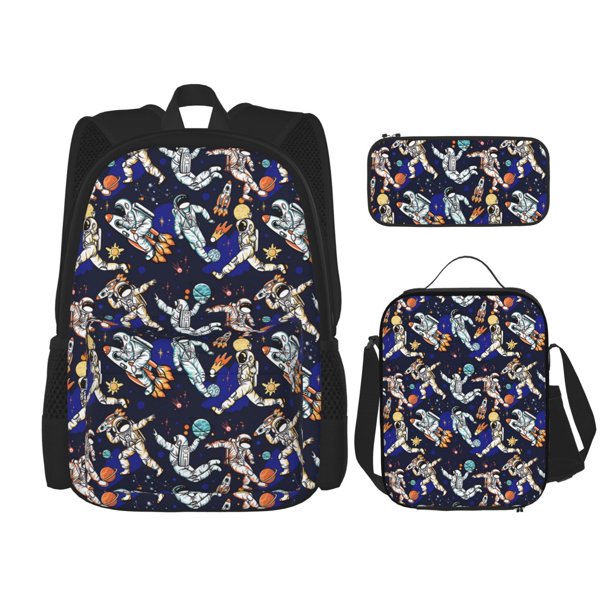 Disketp Astronauts in sport Mochila Estampada de Gran Capacidad con Lonchera y Estuche, Set de 3 Piezas para Estudiantes