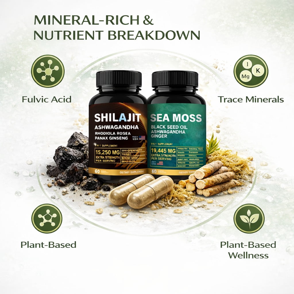 DEZEN Shilajit 15250mg & Sea Moss 19445mg - 60 Count Each with Black Seed Oil, Ashwagandha, Ginger, Rhodiola Rosea