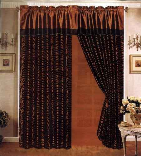 4-Pc Soft Faux Fur Safari Striped Zebra Giraffe Curtain Set Coffee Brown Valance 