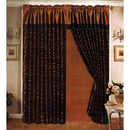 Coffee Brown Black Zebra Flocking Curtain Window Panels 8 Piece