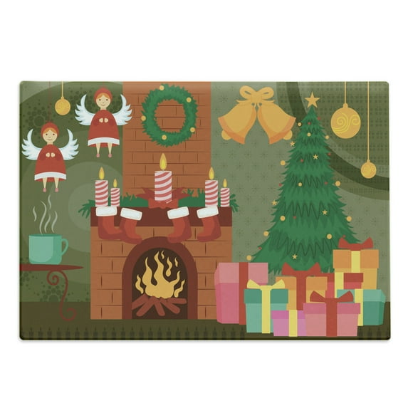 Fireplace Cutting Board, Cartoonish Design Christmas Night at Home with Tree Gifts Bells Stockings, Decorative Tempered Glass Cutting and Serving Board, in 3 Sizes, by Ambesonne