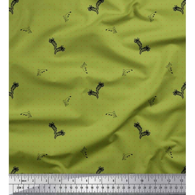 Soimoi Green Rayon Fabric Black Sketch Feather & Dots Print Sewing Fabric Yard 42 Inch Wide