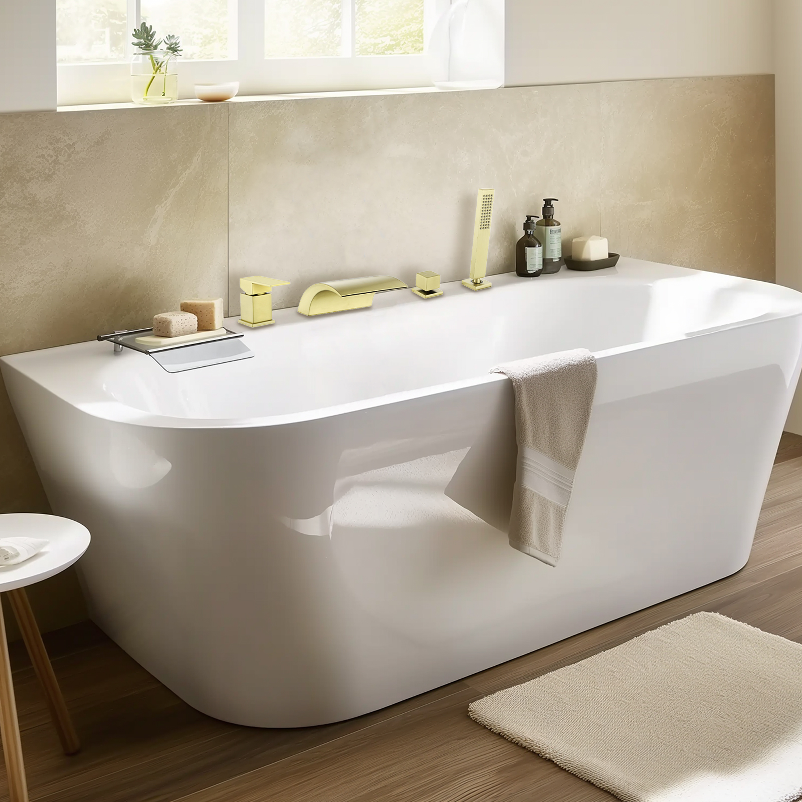 Cobbe Single Handle Bathroom Bathtub Faucet with 7.09-Inch Wide Waterfall Spout and Handheld Shower 4-Hole Mount Brushed Gold