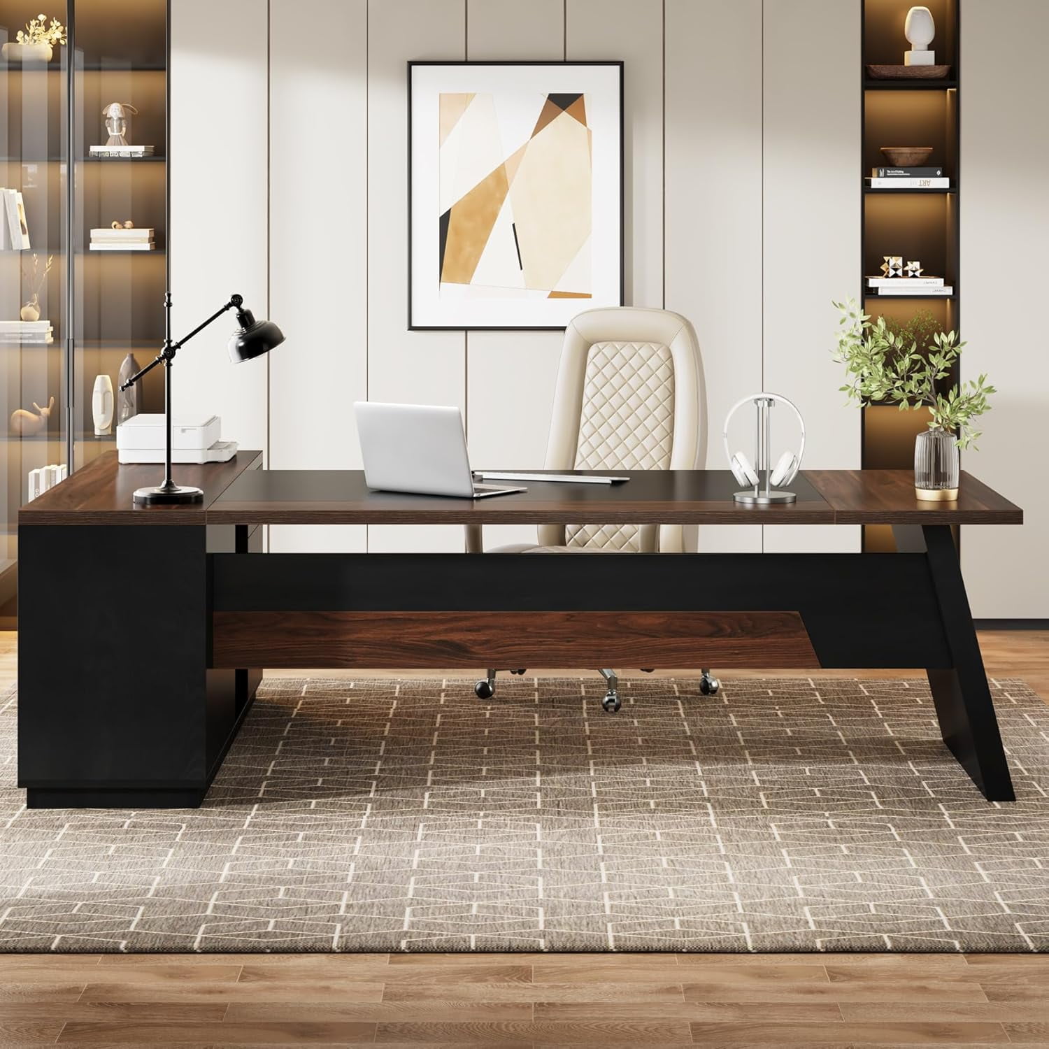 Tribesigns L-Shaped Executive Desk, 78" Modern Office Desk with Drawers and Lateral File Cabinet, Workstation for Home Office (Walnut + Black)