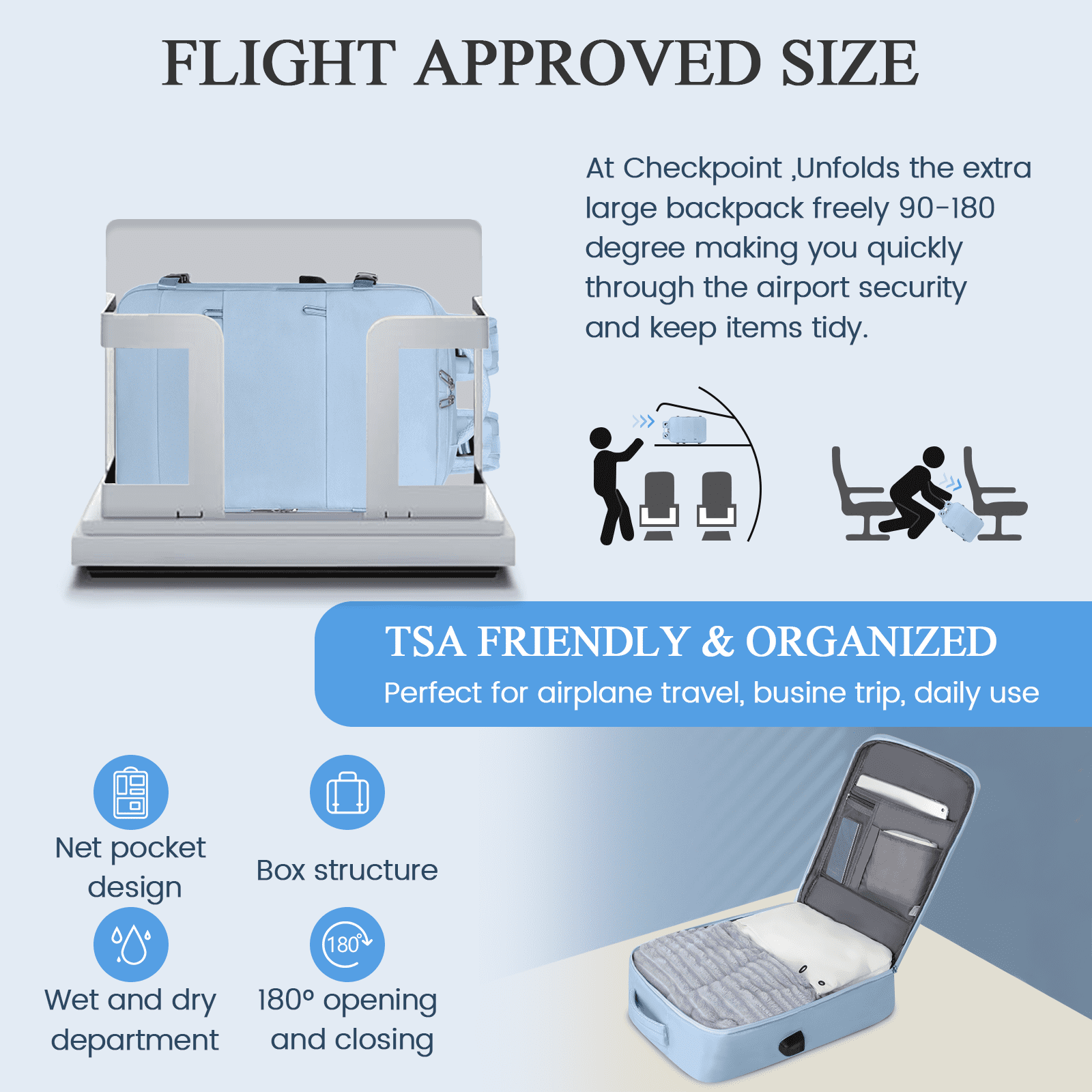 DAKOMM 17.7" Travel Backpack with USB Port & Shoe Compartment, TSA-Approved Laptop Carry On Backpack, Waterproof Large Casual Daypack Travel Bag for Women Men Weekender Trips, Business & Hiking, Blue
