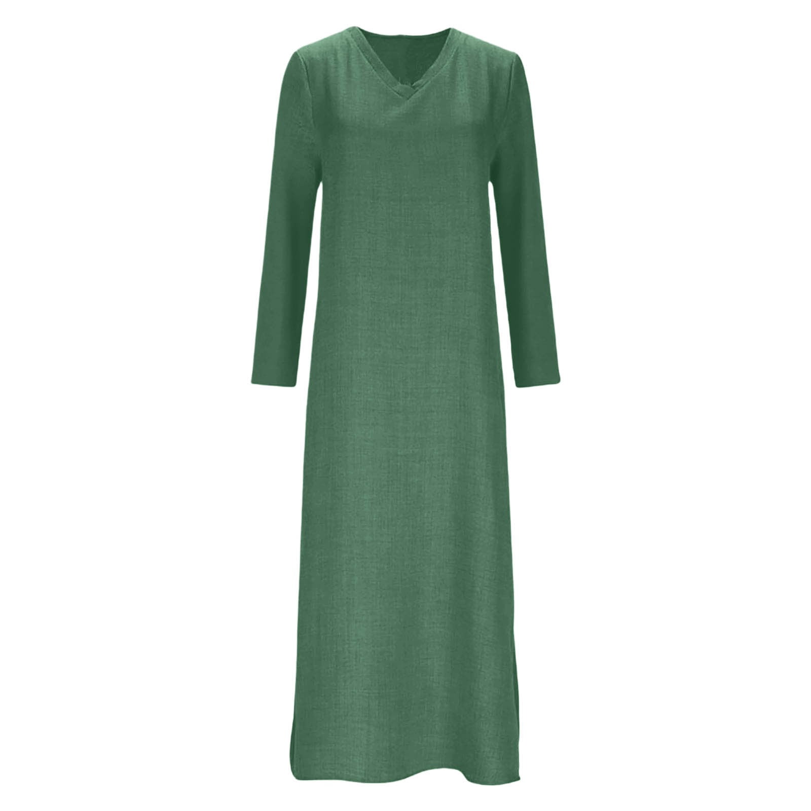 LIIPEE Women Dresses Solid Color Loose Long Sleeve V Neck A-Line Midi Sundress Woman Comfortable Casual Daily Party Dress,Green,Xxl