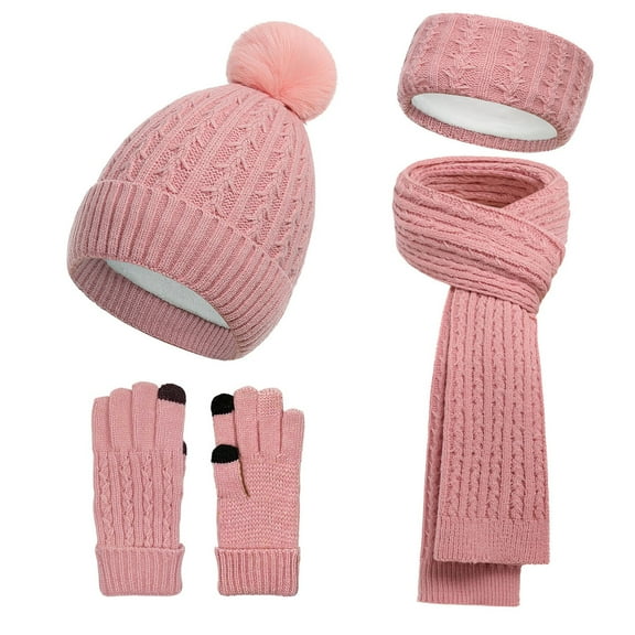 SYMOID Womens Winter Wool Knit 4-in-1 Set - Pink, Pom Pom Beanie, Touchscreen Gloves, Scarf & Headband, Warm Womens Winter Accessory,Size Free Size