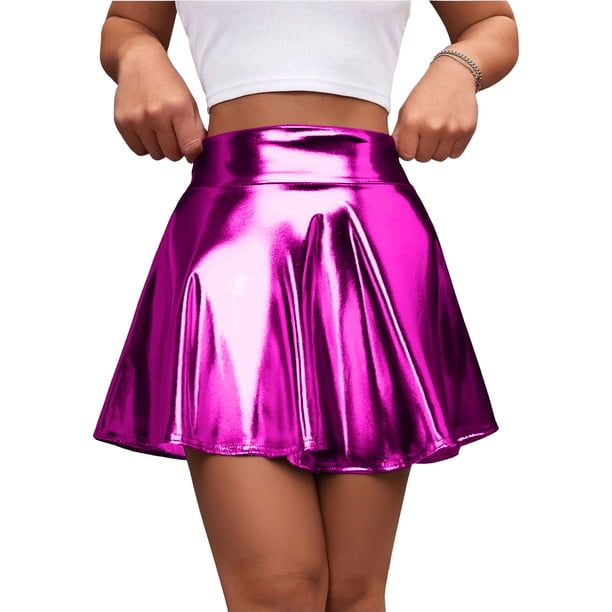 TaTaai Women Solid Color Shiny High Waist Mini Skirt Stretchy Fabric Soft Machine Washable No Fading Versatile Daily Party Street Casual Wear Above Knee Skirt Gift