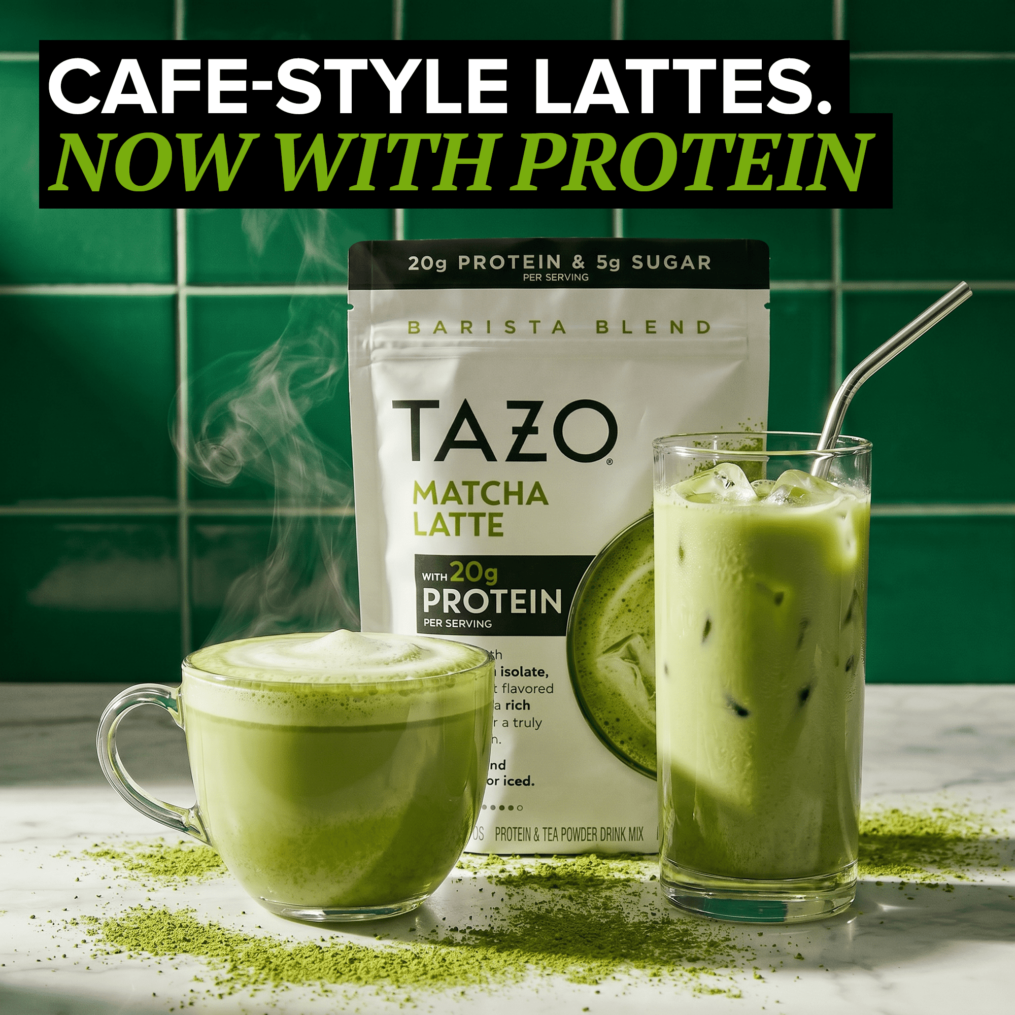 TAZO Protein Matcha Latte Powder with Whey Protein Isolate, 8oz Pouch, 8 Servings