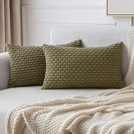 

MIULEE Throw Pillow Covers Soft Corduroy Decorative Set of 2 Boho Striped Pillow Covers Pillowcases Farmhouse Home Decor for Couch Bed Sofa Living Room 16x16 Inch Olive Green