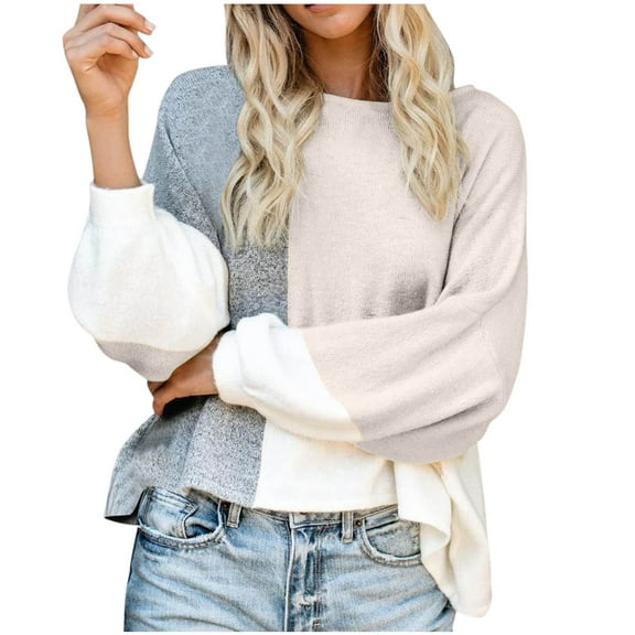 Ahdbta Pullovers Sweaters for Women Round Neck Lantern Long Sleeve Cable Knit Tops Color Block Fall Winter Comfy Sweaters