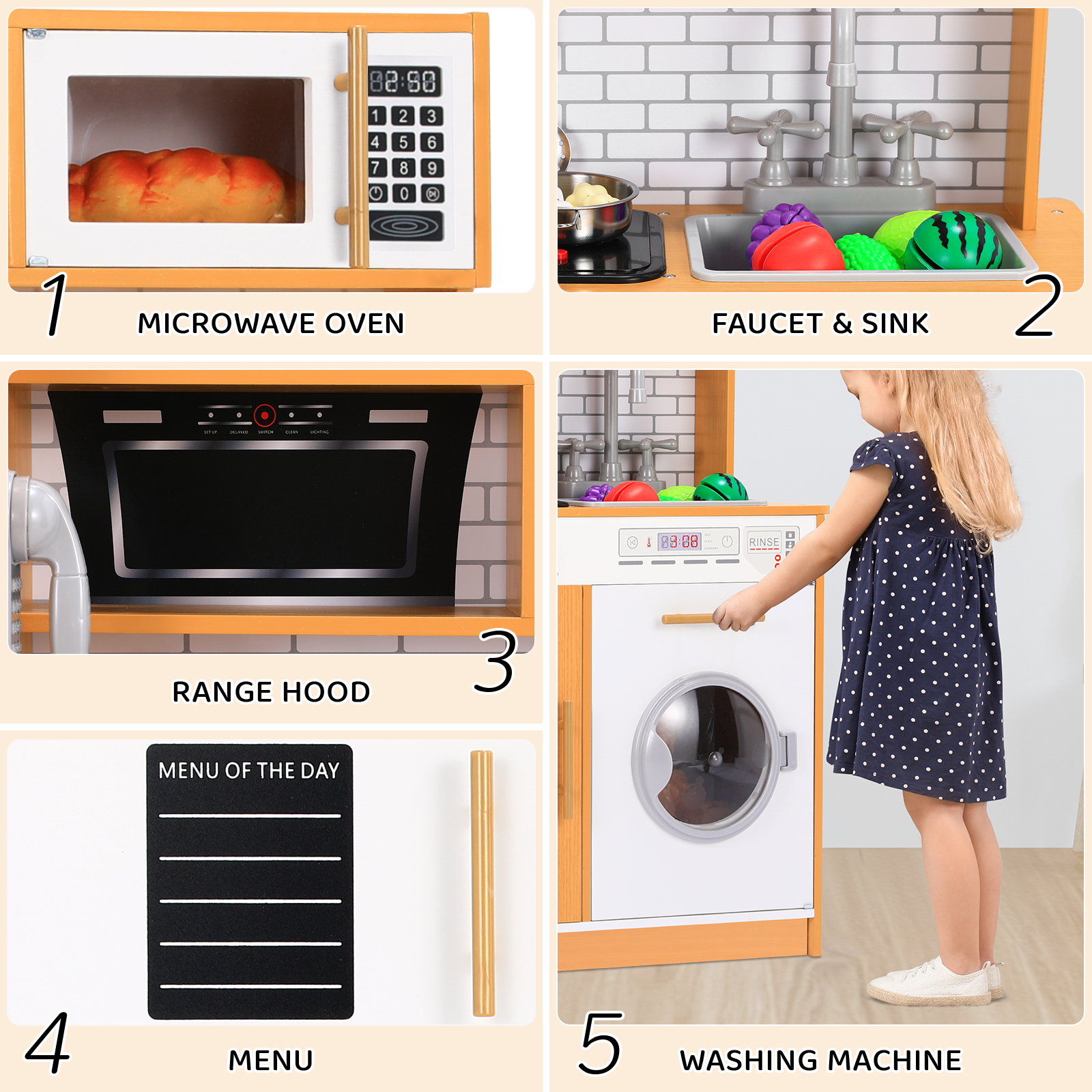 Arlopu Wooden Kids Play Kitchen - Orange with Sound & Light photo 3