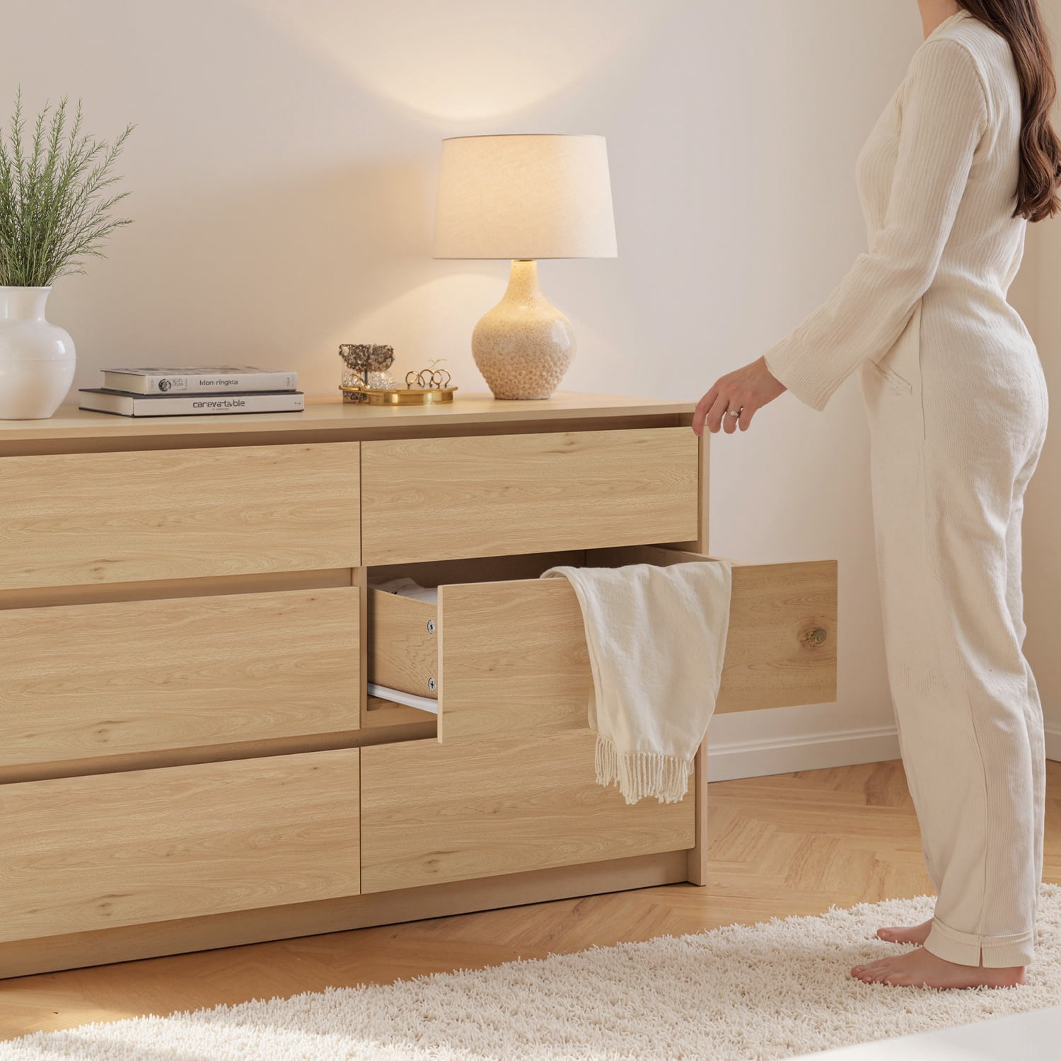WACASA 6 Drawer Dresser for Bedroom, Brown Bedroom Dresser for Closet with Round Edge, Modern Wood Dressers & Chests of Drawers for Living Room, Hallway