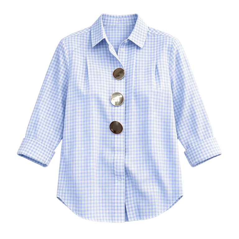 hoksml Women Gingham Collared Long Sleeve Shirt Cotton Linen Big