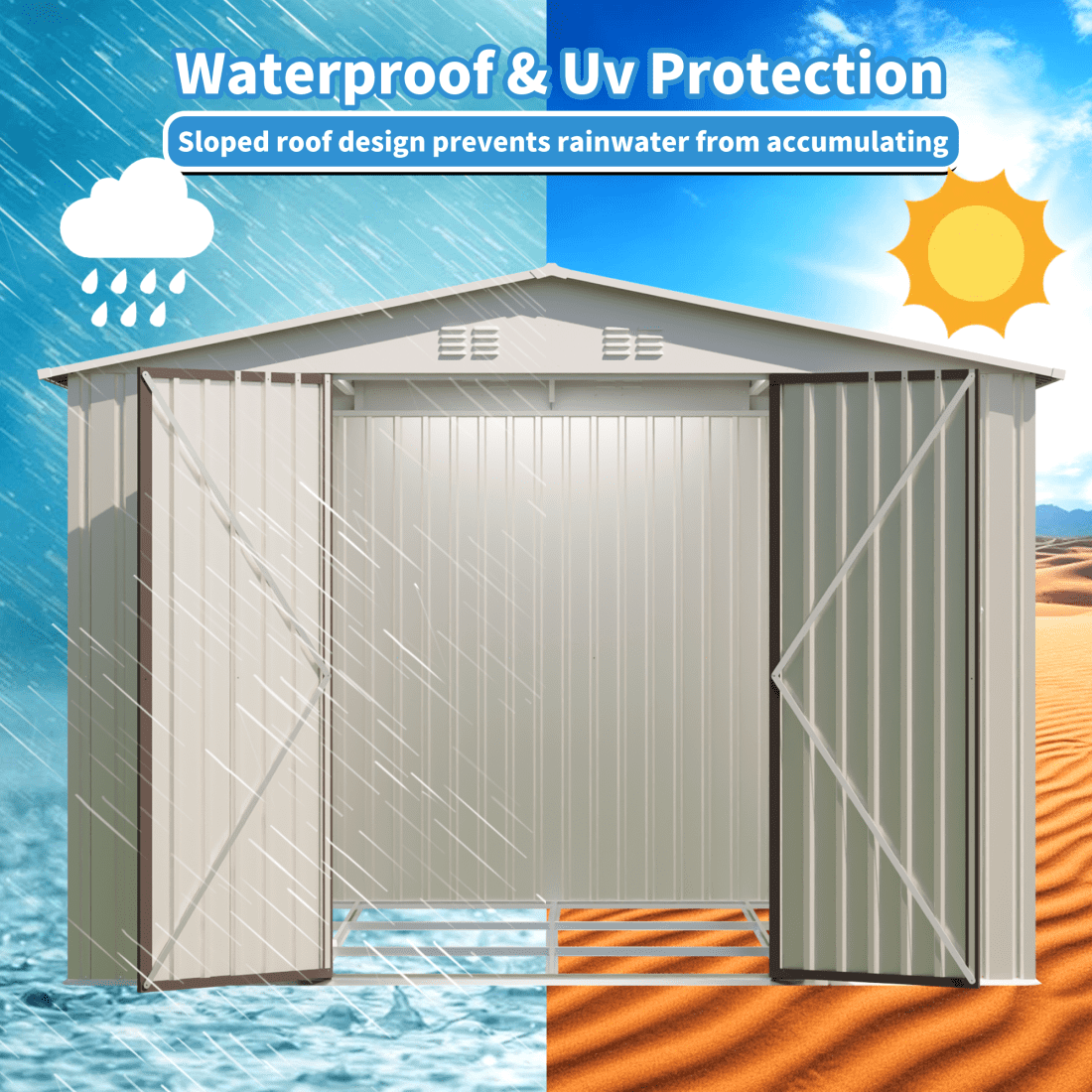 10x8 FT Outdoor Storage Shed with Foundation, Metal Garden Shed with Lockable Door and 4 Vents, All-Weather Tool Sheds for Garbage Accessories, White