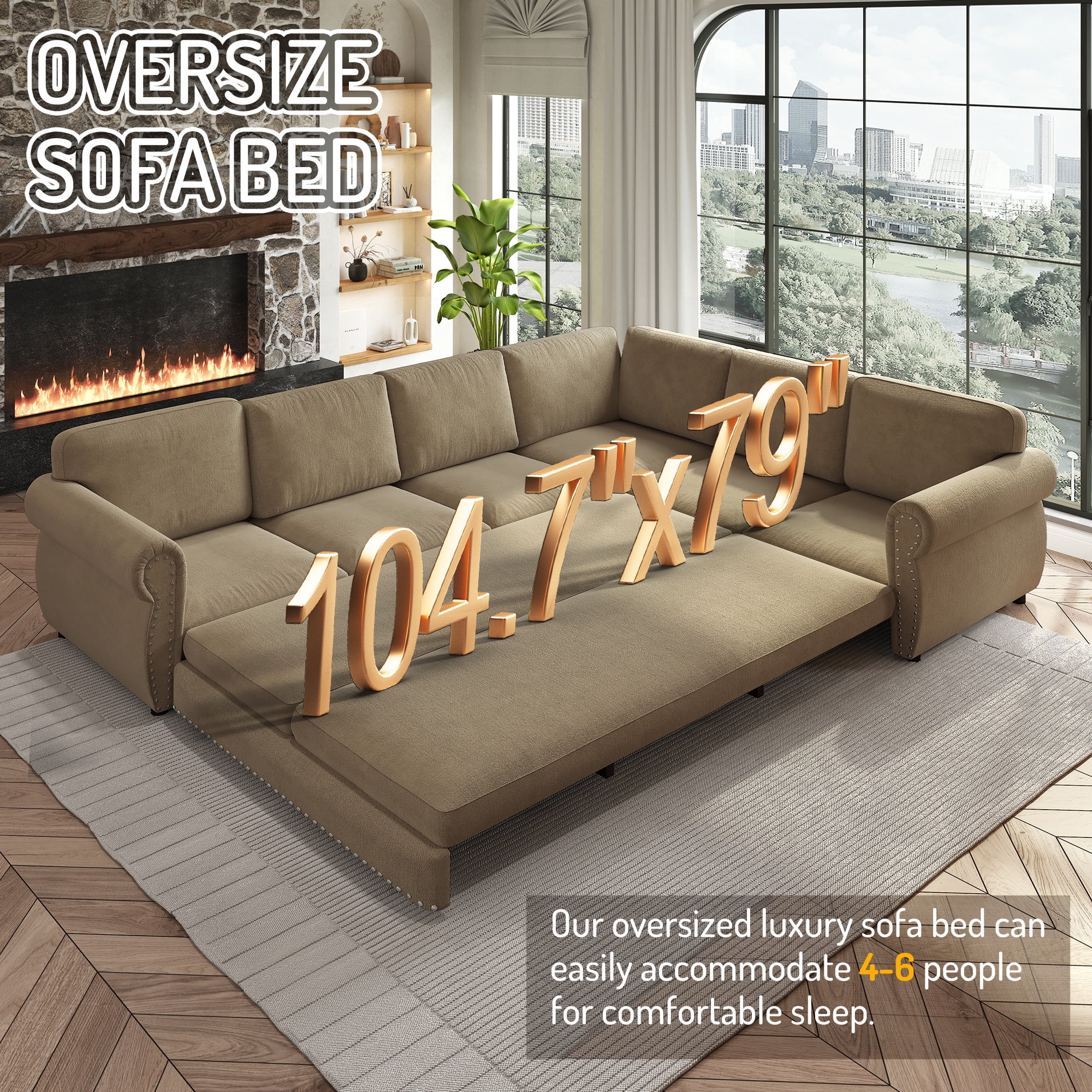 LLappuil Sectional Sofa, Pull Out Sofa Bed King Size, 6 Seat Chenille Sofa Couch Convertible Sleeper Sofa Bed for Living Room Camel
