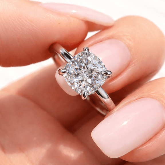 Jewelerix Cushion Cut Solitaire Engagement Ring in Vermeil White Gold Finish, 4-Prong Setting with Moissanite Hidden Halo Ring, Proposal Ring for Her