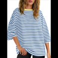 thumbnail image 3 of Camisetas de Rayas de Gran Tamaño para Mujer, Blusas Holgadas de Cuello Redondo y Corta, Blusa Informal de Verano Y2K 2025, Camiseta Básica Azul L, 3 of 9