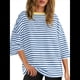 thumbnail image 3 of Camisetas de Rayas de Gran Tamaño para Mujer, Blusas Holgadas de Cuello Redondo y Corta, Blusa Informal de Verano Y2K 2025, Camiseta Básica Azul L, 3 of 9