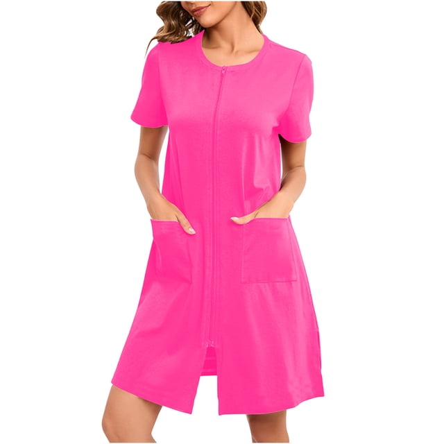 Karight Womens Zipper Front House Dress Short Sleeves Zip Up Bathrobes Lightweight Knee Length Short Housecoat Loungewear