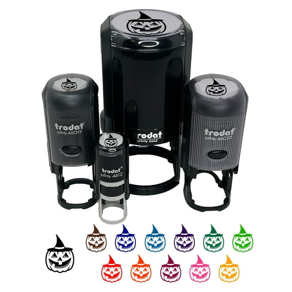 Pumpkin with Witch Jack-O'-Lantern Hat Halloween Self-Inking Rubber Stamp Ink Stamper - Black Ink - Mini 1/2 Inch