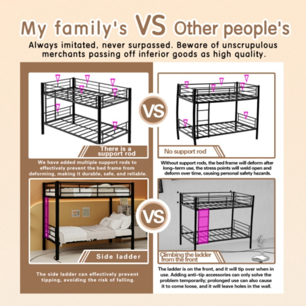 Twin Metal Bunk Bed, Convertible & Detachable into 2 Twin Beds, Heavy-Duty Iron Frame, 400 lbs Capacity, Guardrails & Ladder, Black