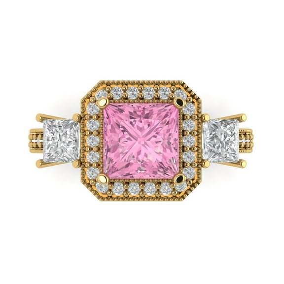 3.005 ctw 3 Stone Anniversary Ring for Women | Princess Cut Simulated Pink Diamond | Hyperallergenic Solid 14K Yellow Gold