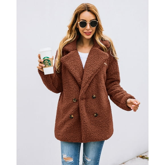 ZECATL Manteau Caban Décontracté pour Femme à Revers en Molleton Peluche Fausse Peau Lainée à Boutons Chaud Automne Hiver Manteau d'Extérieur avec Poches