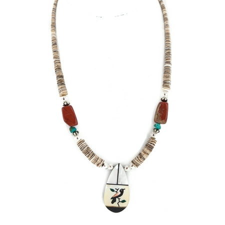 - Bird Certified Authentic Navajo .925 Sterling Silver Inlay Natural Turquoise Mother of Pearl Red Jasper Black Onyx Native American Necklace