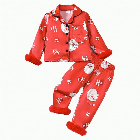 Rotm Christmas Pjs Kids Baby Girl Christmas Pajama Set Long-Sleeve Button Shirt and Pants 2PCS Ruffles Trim Loungewear Xmas Outfit|Red 5 Years