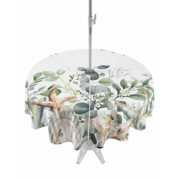 Outdoor Tablecloth with Umbrella Hole, Sage Green Ocean Spillproof Waterproof Outdoor Table Cover, Coastal Eucalyptus Starfish Shell Patio Tablecloths for Party/Garden/Picnic, Round 54 inch