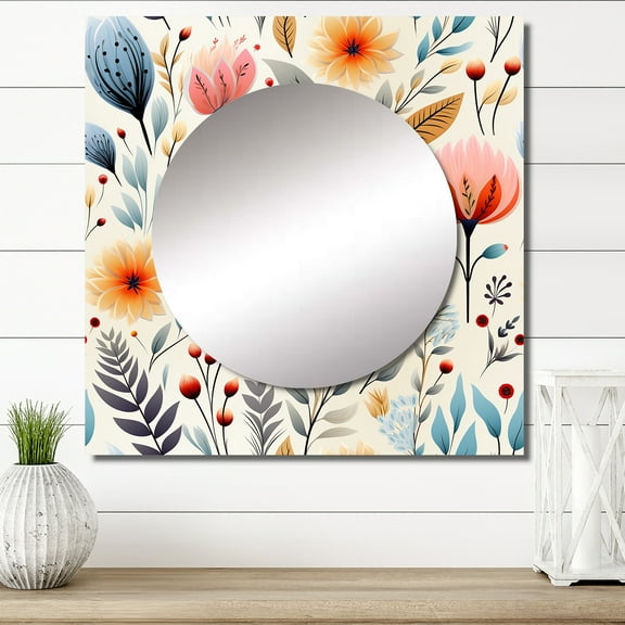Designart "Pastel Floral Delicacy" 0 Square Mirror Wall Decor Bohemian - Large Pink Square Bathroom Mirror - Square Printed Wall Mirror Art
