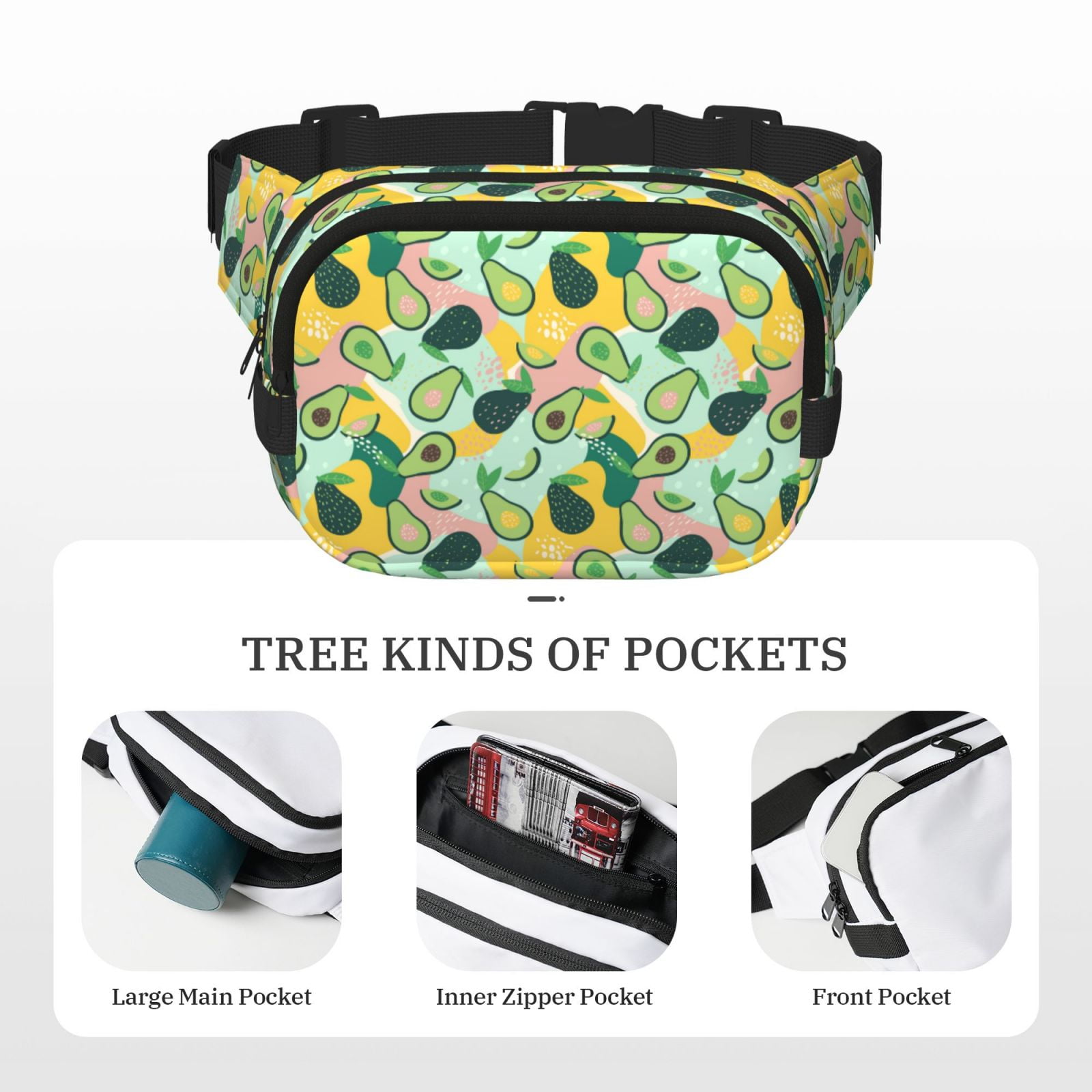 Picia Avocado Print Square Double-Layer Waist Bag Mini Adjustable Waist Belt Bag Exercise Running Travel Hiking