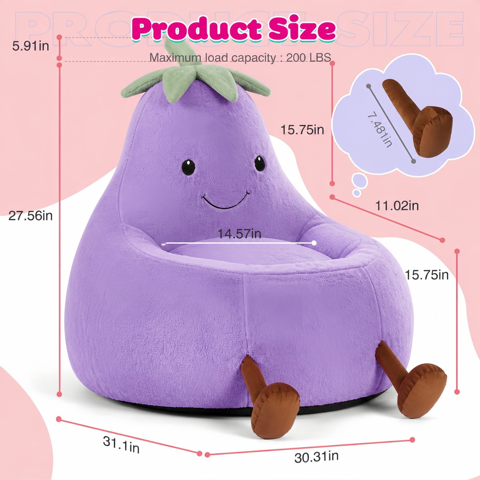 Kelno 31" Kids Bean Bag Chair Faux Rabbit Fur Lazy Chair Toddler Couch, Purple