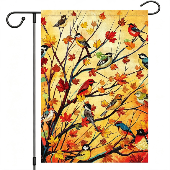 AUQ Welcome Fall Garden Flag 12X18 Double Sided, Small Burlap Autumn Maple Tree Birds Thanksgiving Outside Outdoor House Yard Decor Vibrant Fall Garden Flag