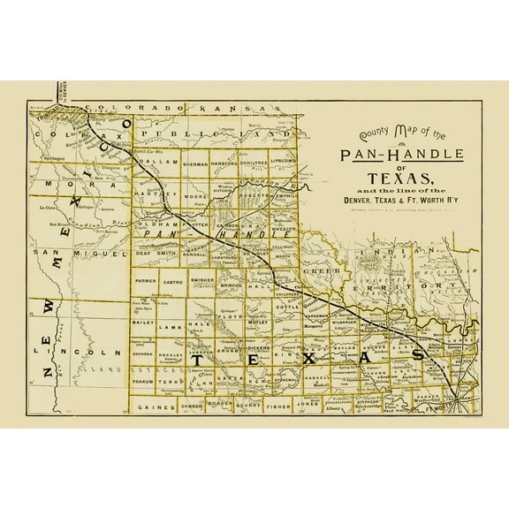 Railroad Map - Denver Texas and Ft Worth Railroad - Northrup 1888 - Vintage Wall Art