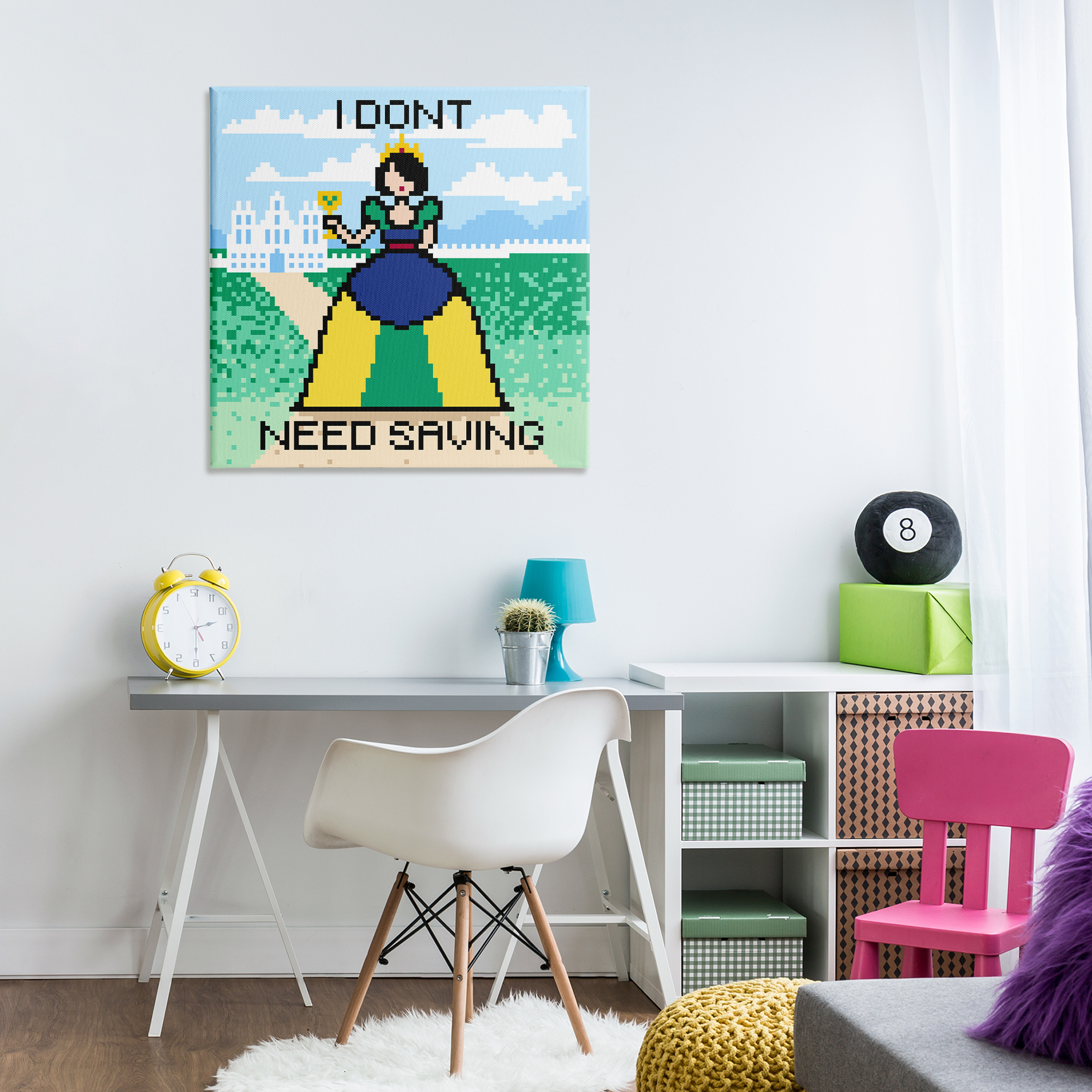 Stupell Industries Don't Need Saving Pixel Princess People Painting Wrapped Canvas Art Print Wall Art, 30 x 30
