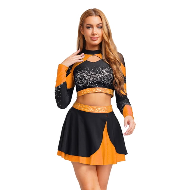 Aislor Womens Shiny Rhinestone Cheerleading Uniform 2 Piece Set Long Sleeve Crop Top & Skirt For Dance Orange XXL