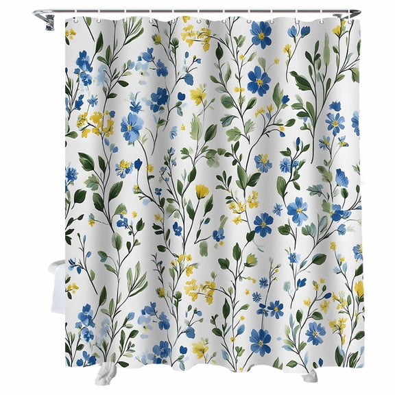 Shower Curtains Yellow Blue Floral Plant Bath Curtain Wildflowers Green Leaf Waterproof Bathroom Shower Curtain Set with Hooks Decoration 72 x 72 Inches