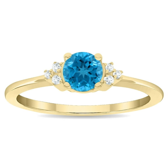 SZUL Women's Round Shaped Blue Topaz and Diamond Half Moon Ring in 10K Yellow Gold